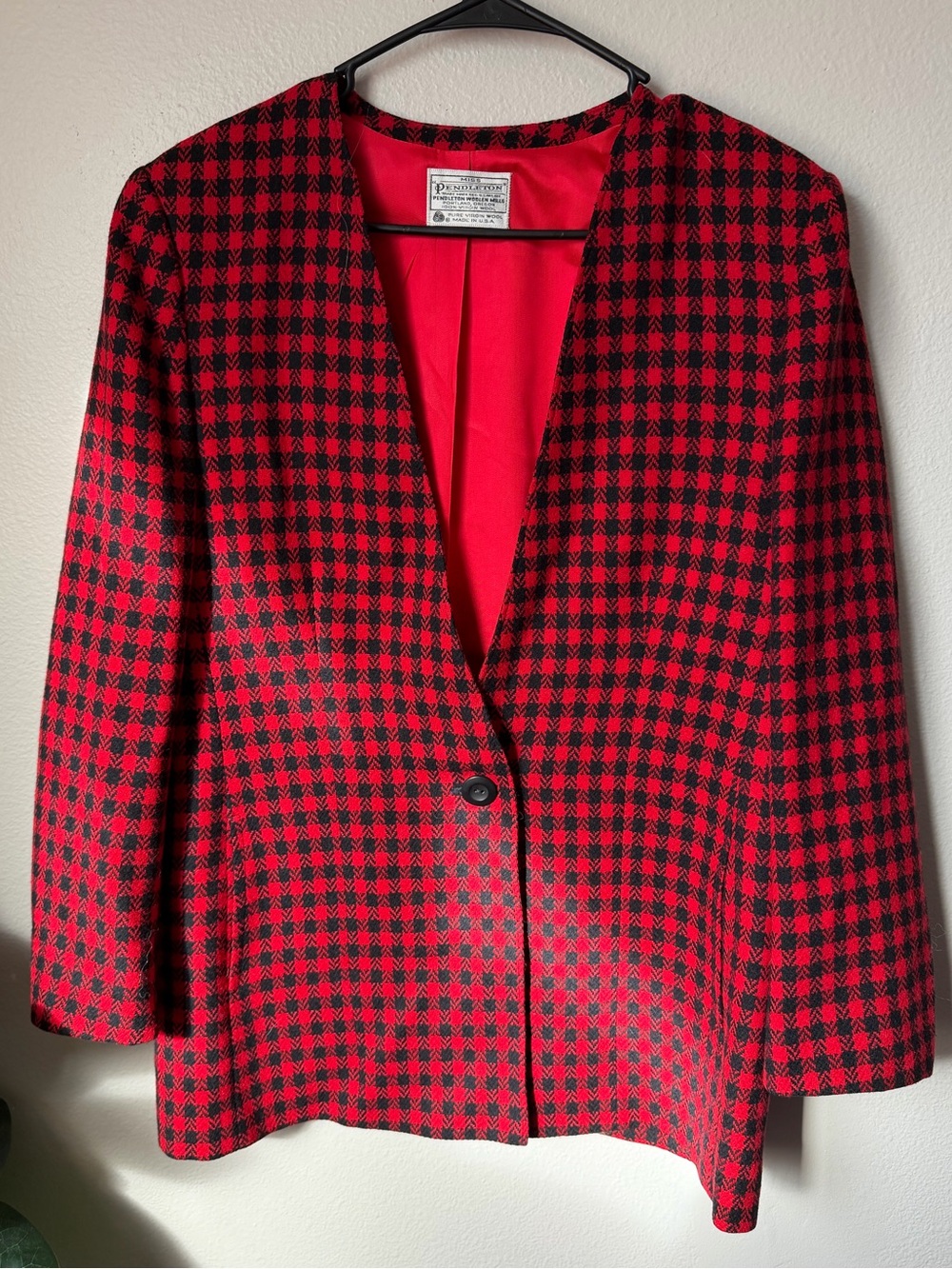 Vintage Pendleton Pure Virgin Wool Blazer Red Black Houndstooth Plaid Jacket 10